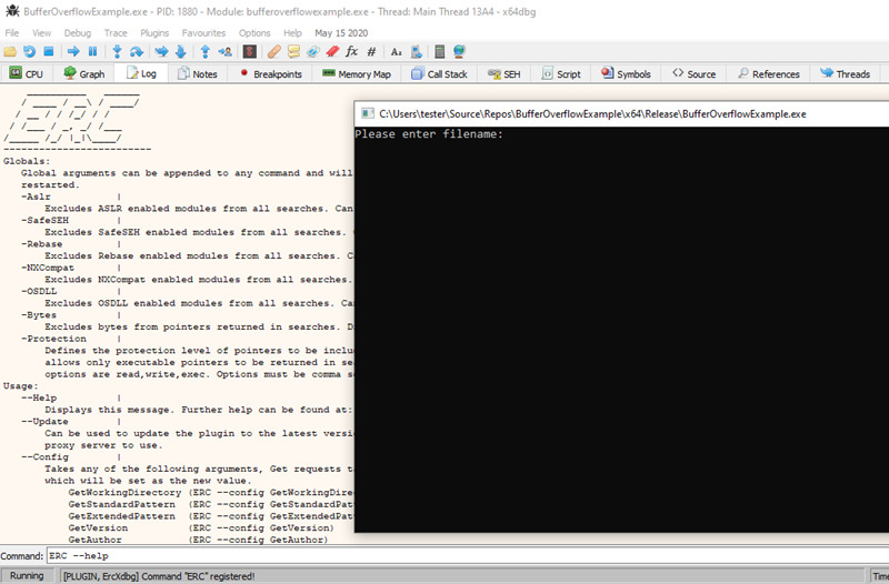X64bgd open, running the ERC plugin and attached to vulnerable app